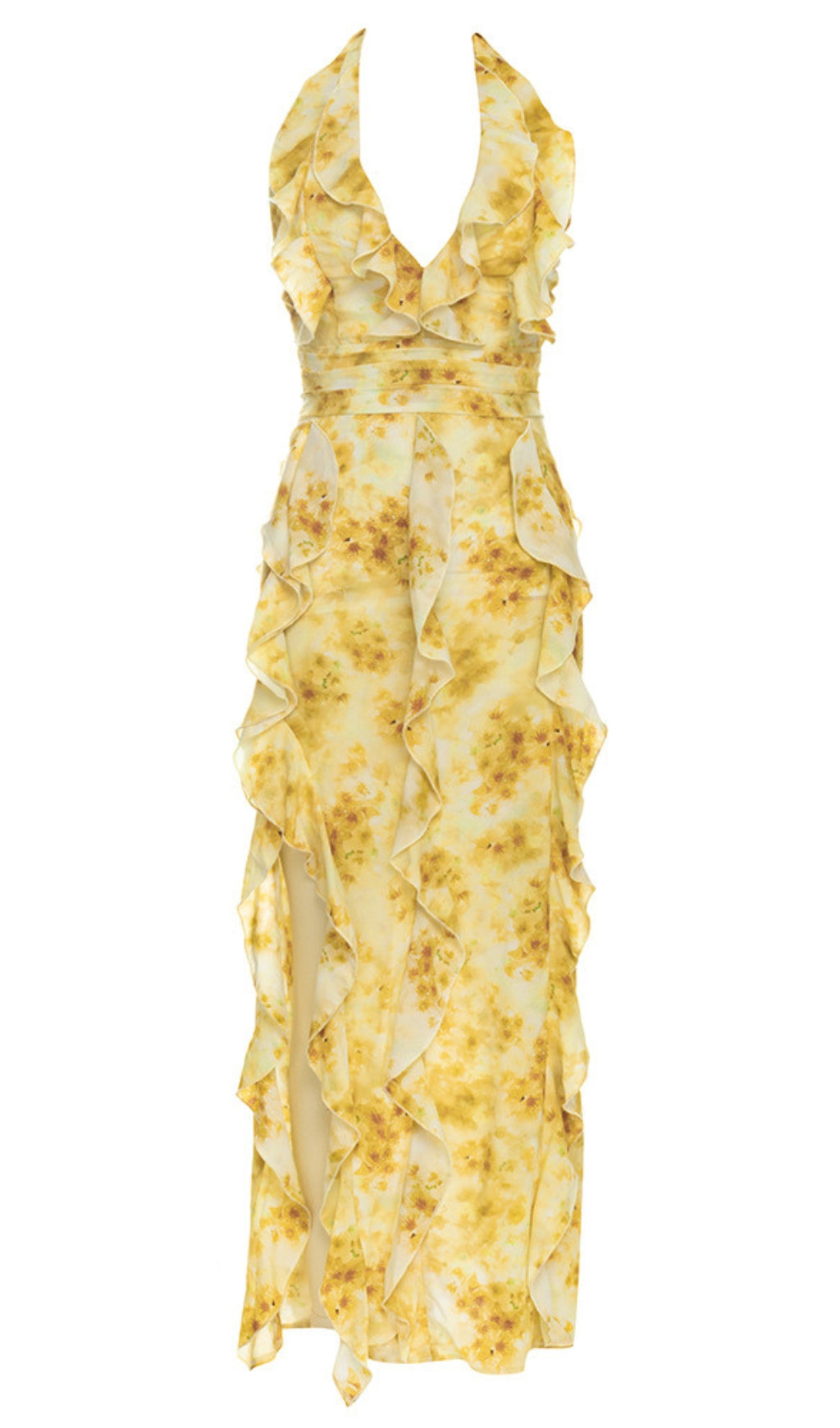 Neckholder-Midikleid mit Blumenmuster und Rüschen in Gelb