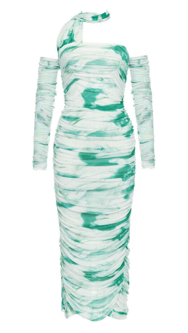 AIIZIE TIE - DYE ONE - SHOULDER RUCHED MIDI DRESS IN BEIGE AND GREEN - product image