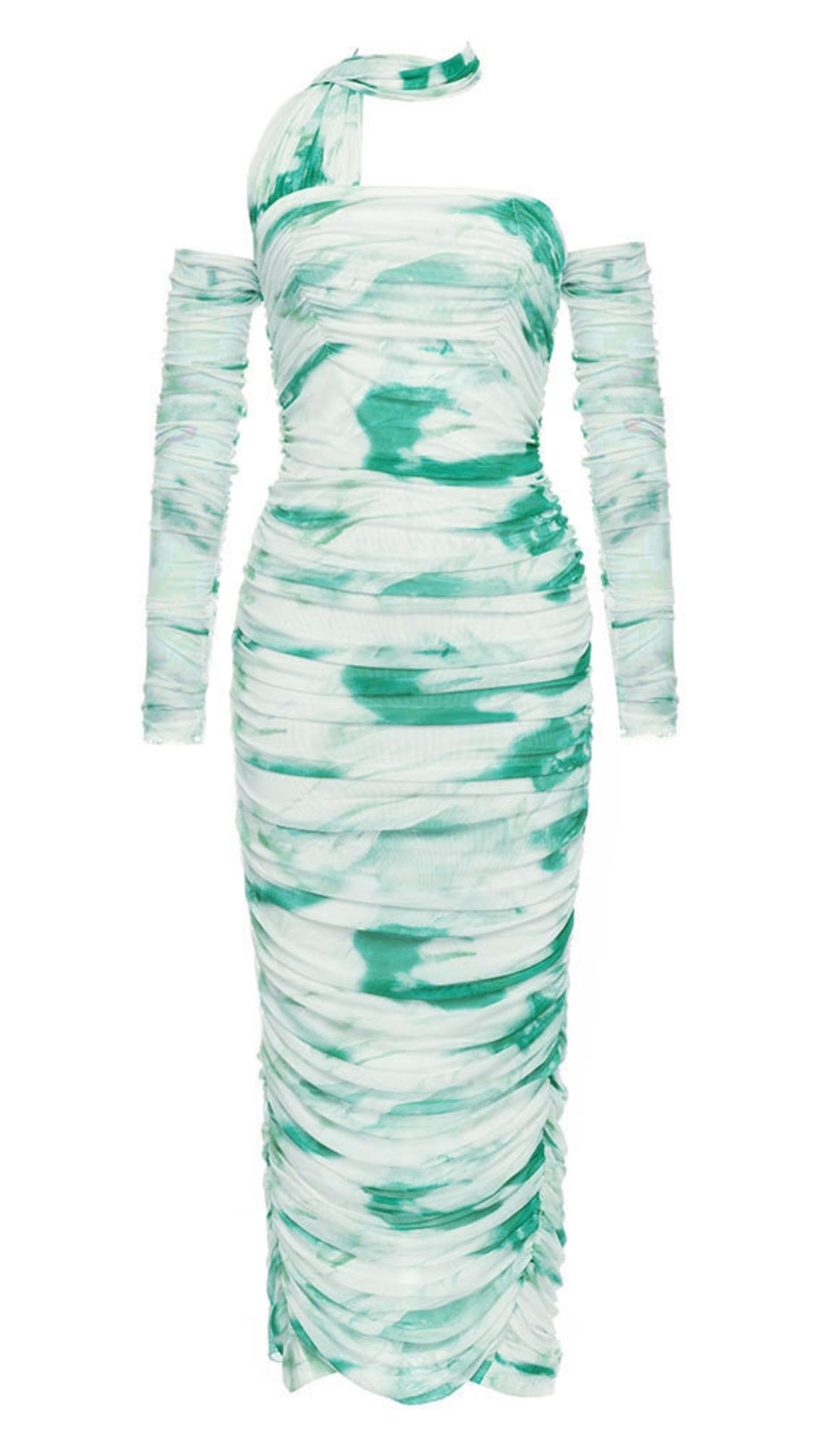 Tie-Dye One-Shoulder-Midikleid mit Rüschen in Beige und Grün