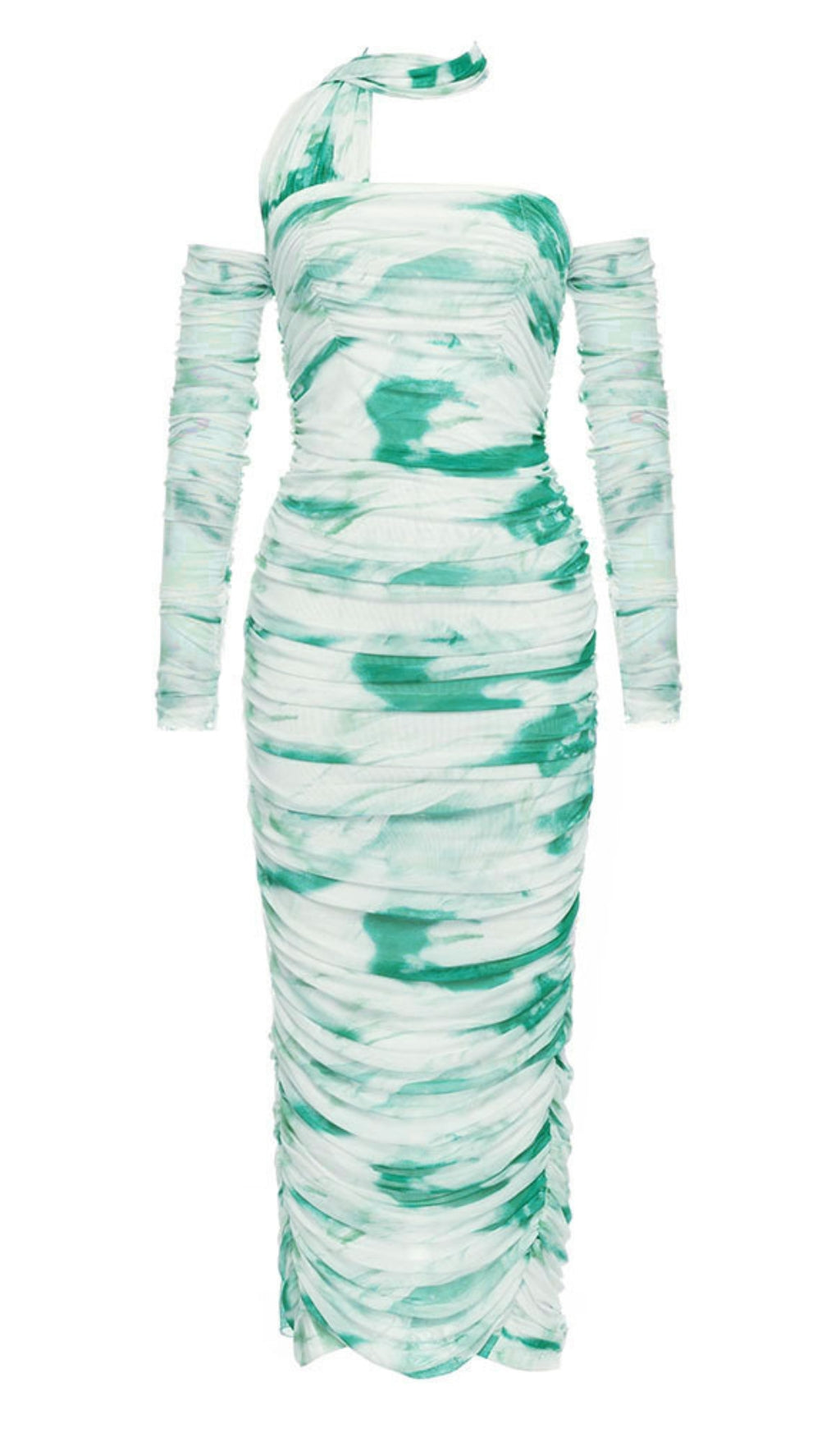 Tie-Dye One-Shoulder-Midikleid mit Rüschen in Beige und Grün