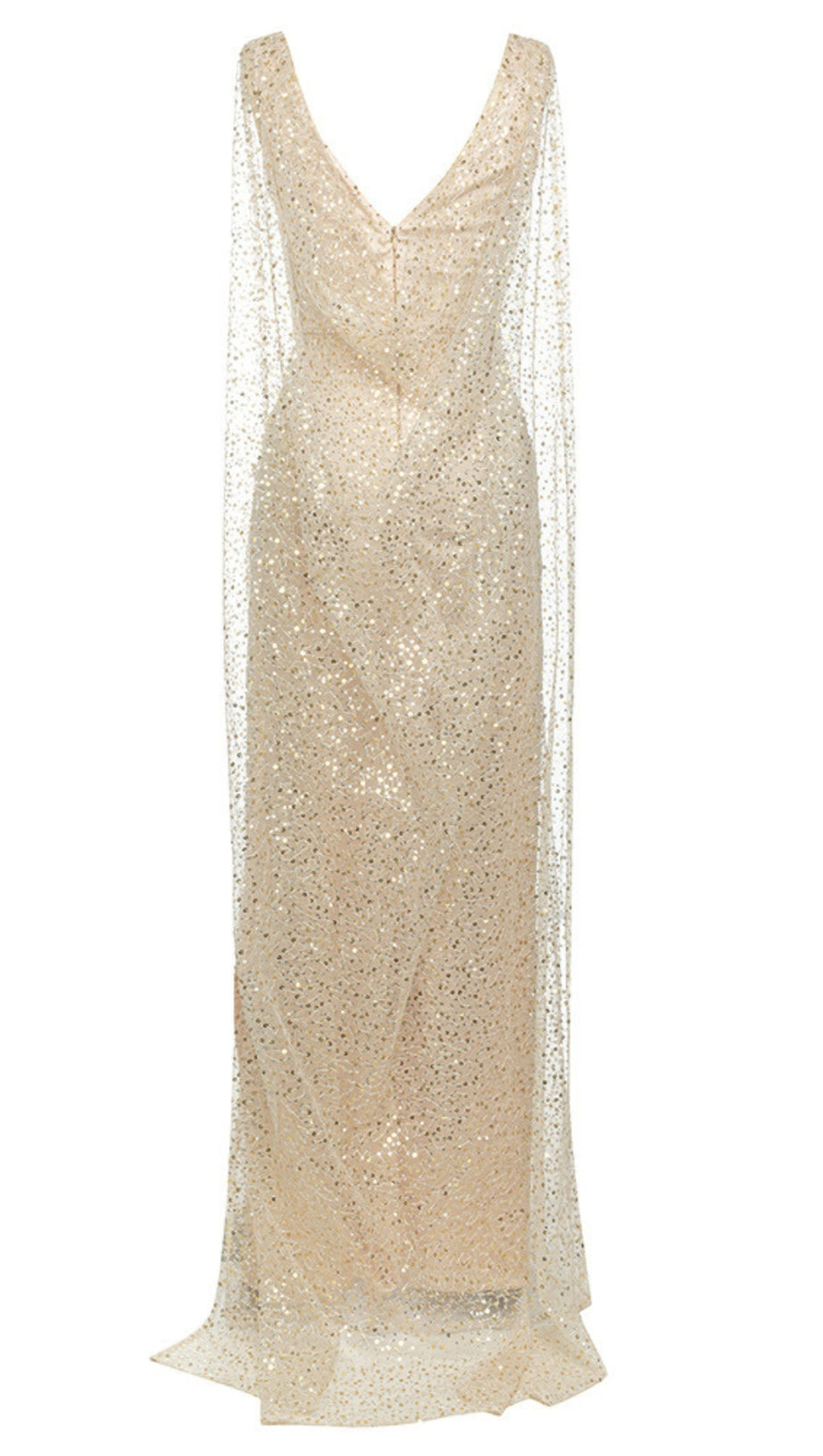 SEQUIN COWL - NECK CAPE - SLEEVE SLIT MAXI DRESS IN CHAMPAGNE