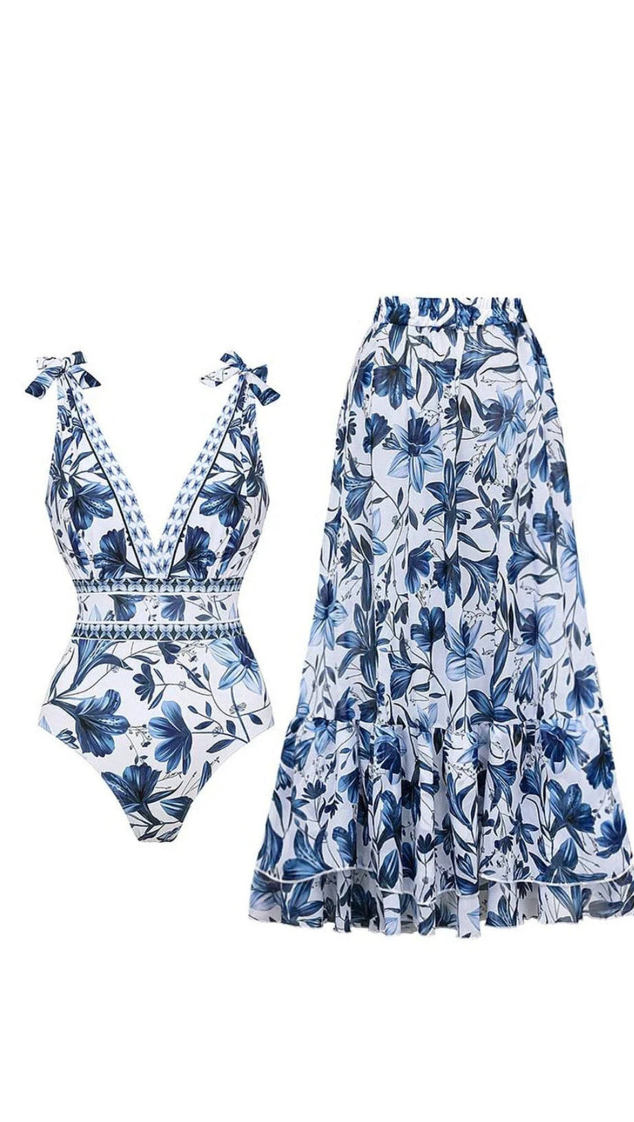 V-NECK LACE PATTERNED PRINTED ONE-PIECE SWIMSUIT AND SKIRT
