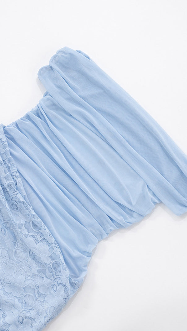AIIZIE OFF SHOULDER RUCHED LACE MIDI DRESS IN LIGHT BLUE - product image