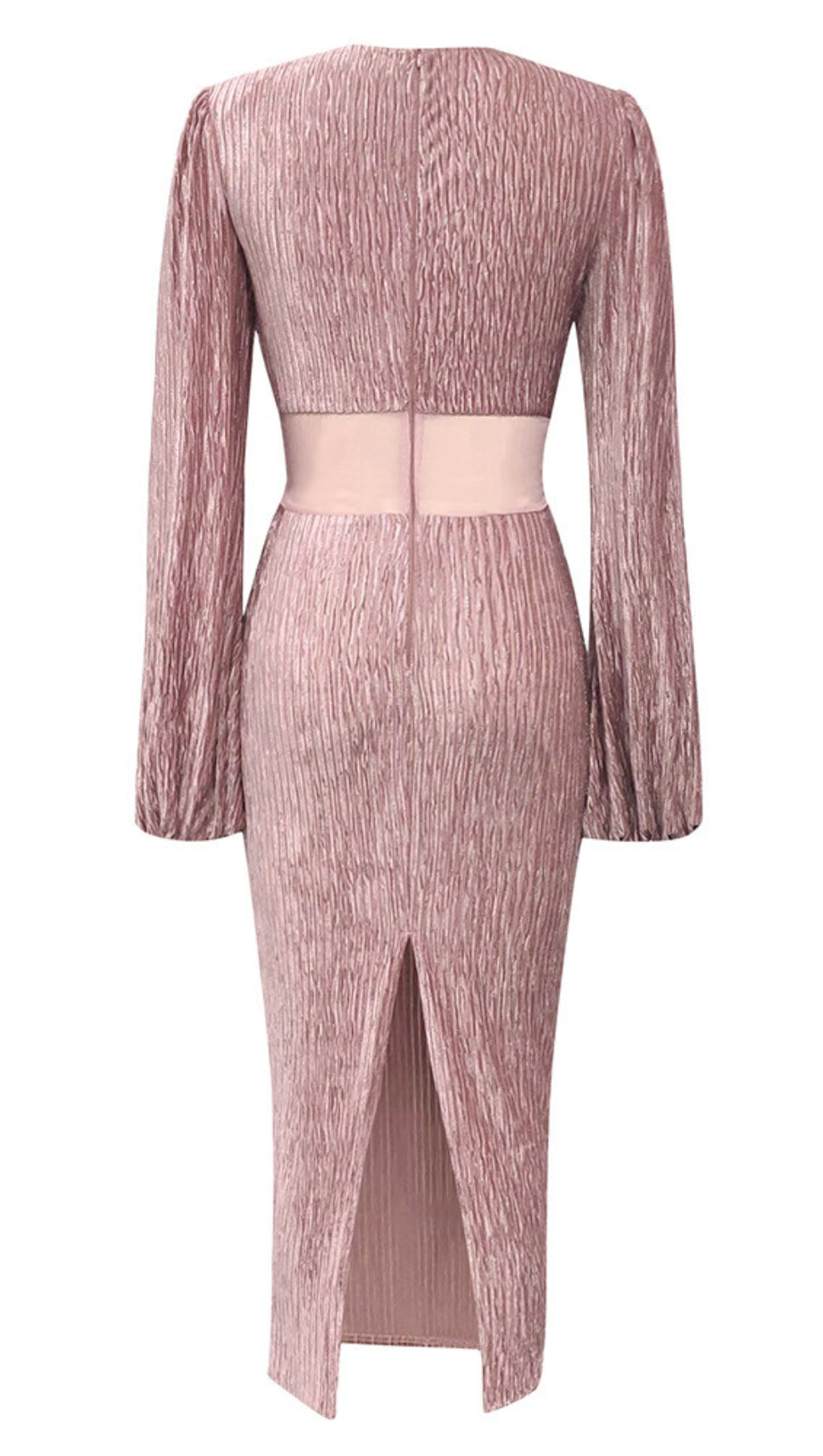 TEXTURED V - NECK RHINESTONE - BELTED MIDI DRESS IN PINK