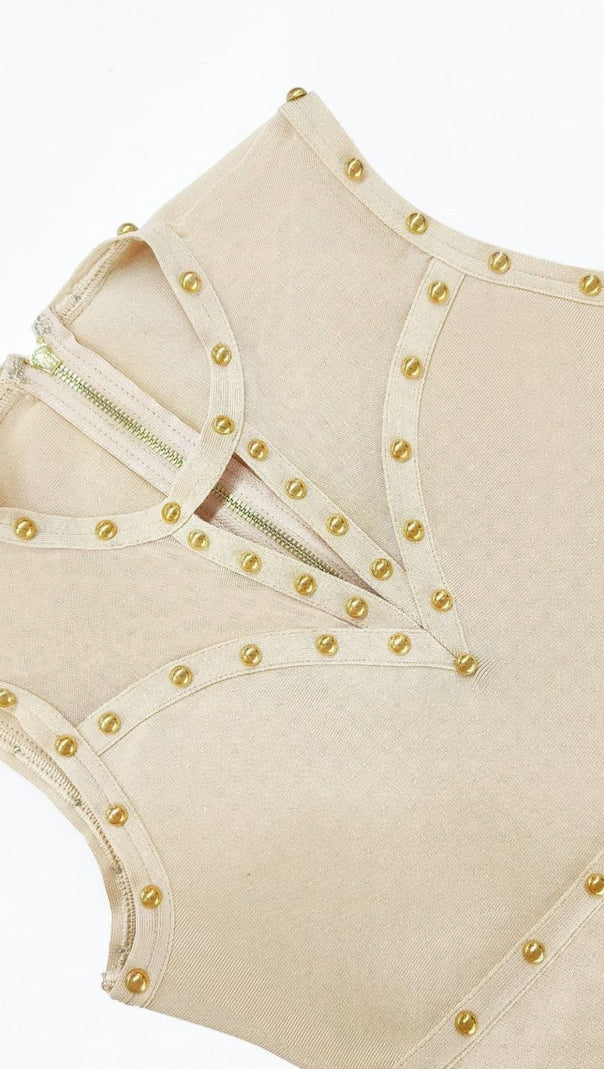 AIIZIE STUDDED SLEEVELESS BODYCON MINI DRESS IN BEIGE - product image