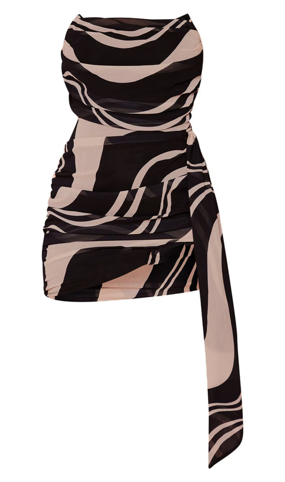 Black Swirl Print Draped Chiffon Bandeau Bodycon mini Dress
