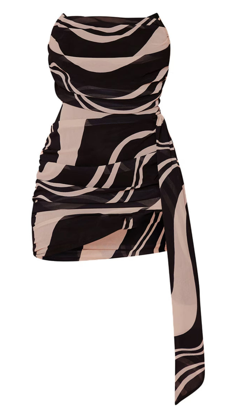 BLACK SWIRL PRINT DRAPED CHIFFON BANDEAU BODYCON MINI DRESS