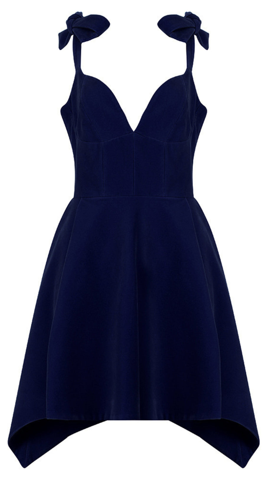 BOW - STRAP V - NECK ASYMMETRIC MINI DRESS IN NAVY BLUE