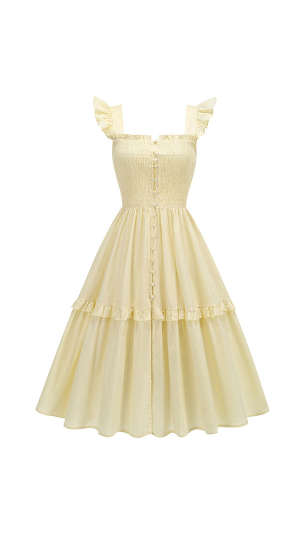 AIIZIE YELLOW FLORAL RUFFLED SQUARE NECK MIDI DRESS - product image