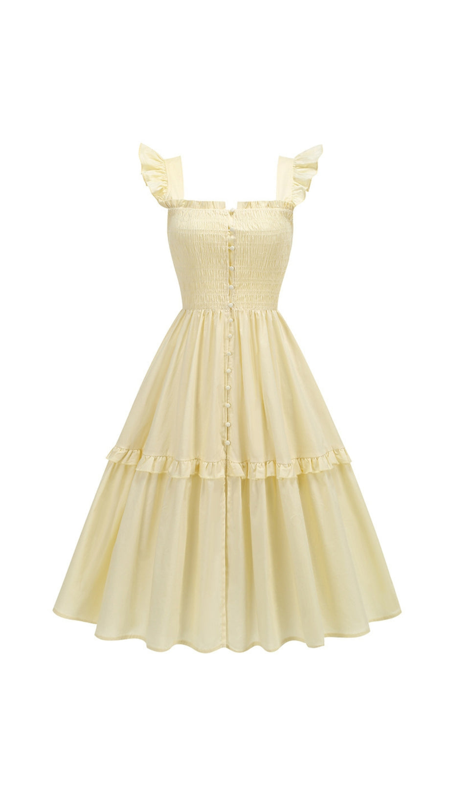 Gelbes Midikleid mit Blumenmuster und Rüschen und quadratischem Ausschnitt 