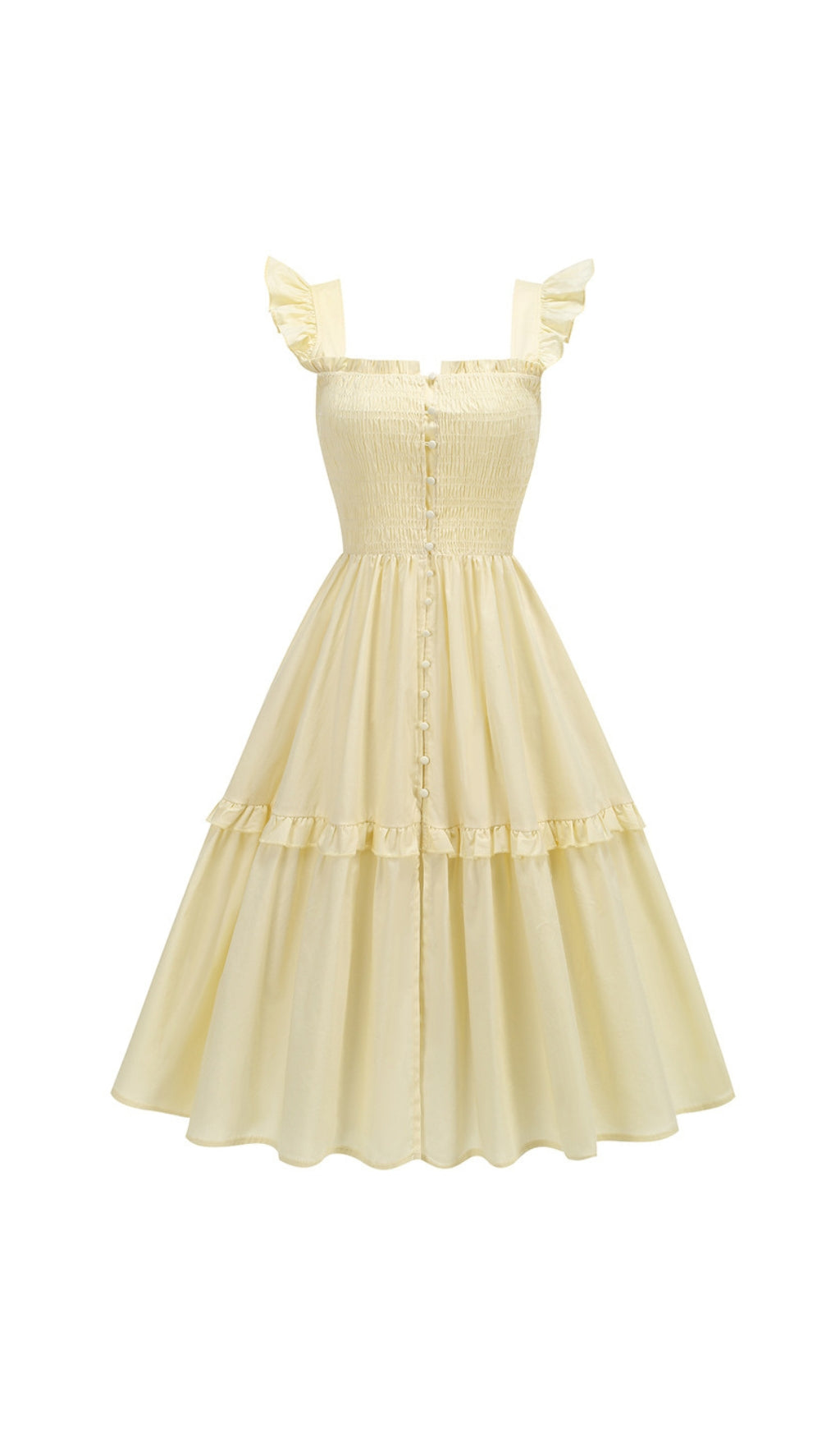 ABITO MIDI CON SCOLLO QUADRATO E VOLANT A FLOREALE GIALLO