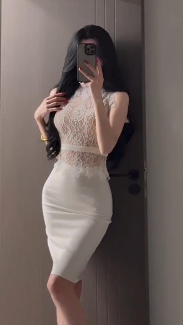 AIIZIE LACE - TOP SLEEVELESS BODYCON MIDI DRESS IN WHITE - product image