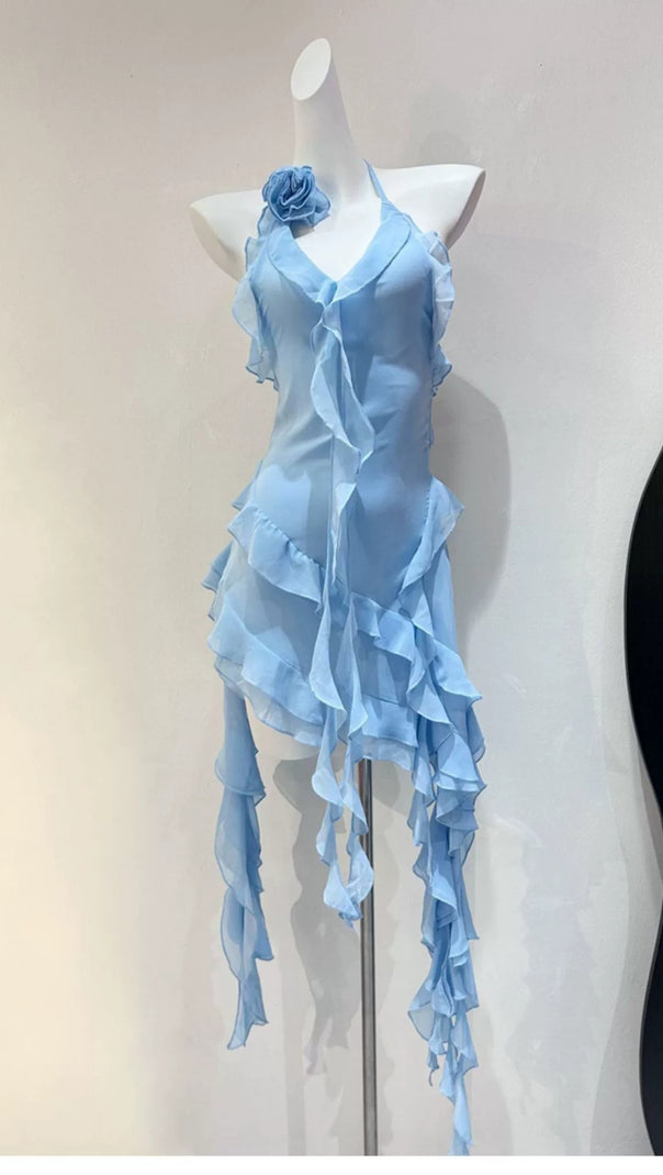 AIIZIE BLUE RUFFLED HALTER NECK MINI DRESS - product image