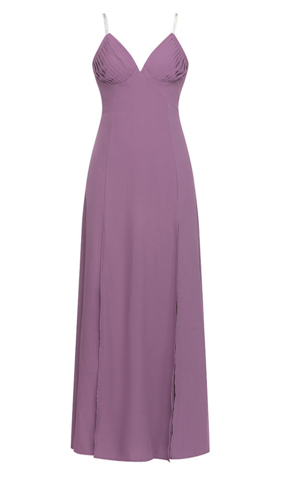 Abito lungo con plissettatura, bustier laterale e spacco in lilla