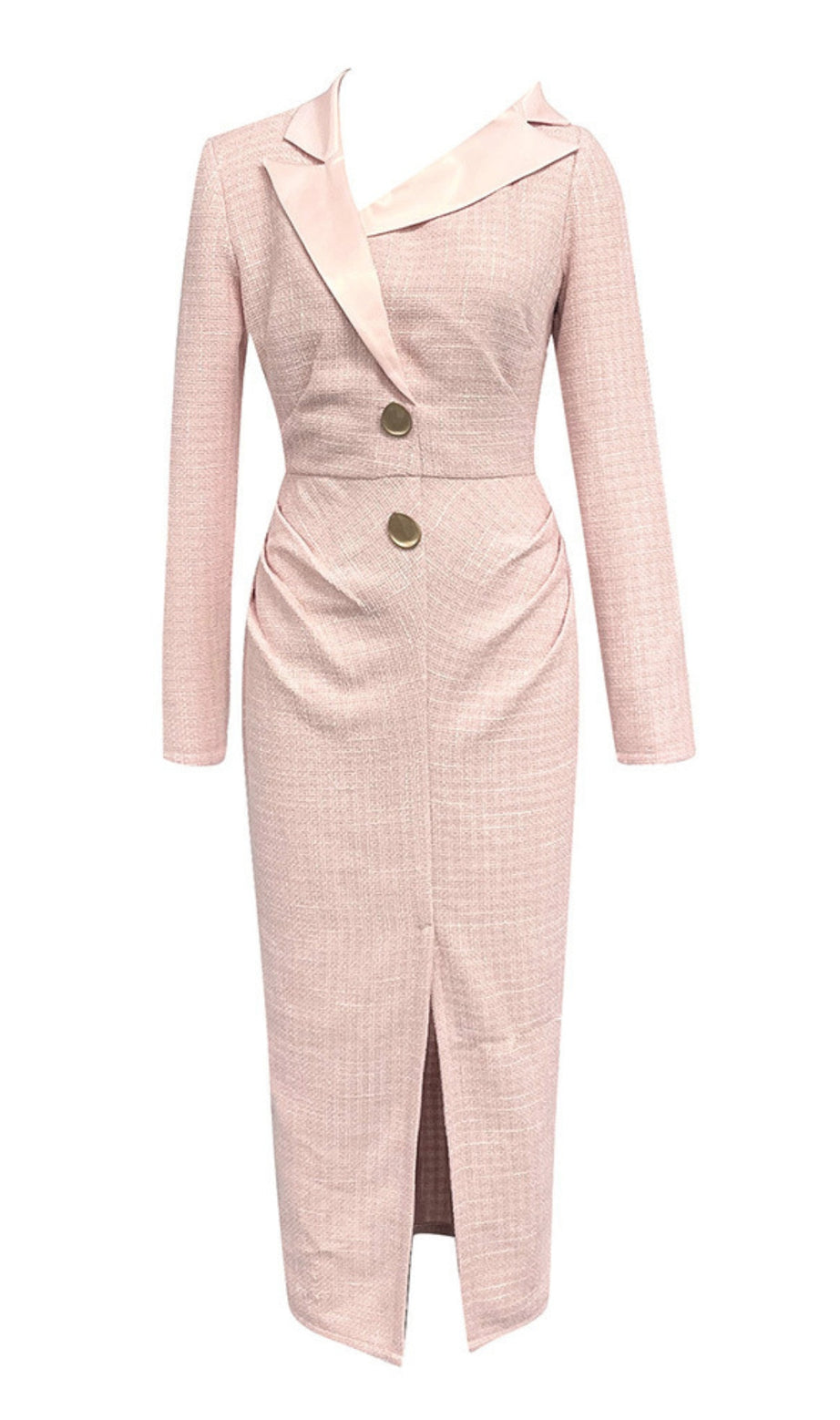 Asymmetric Collar Button - Front Slit Midi Dress in Pink