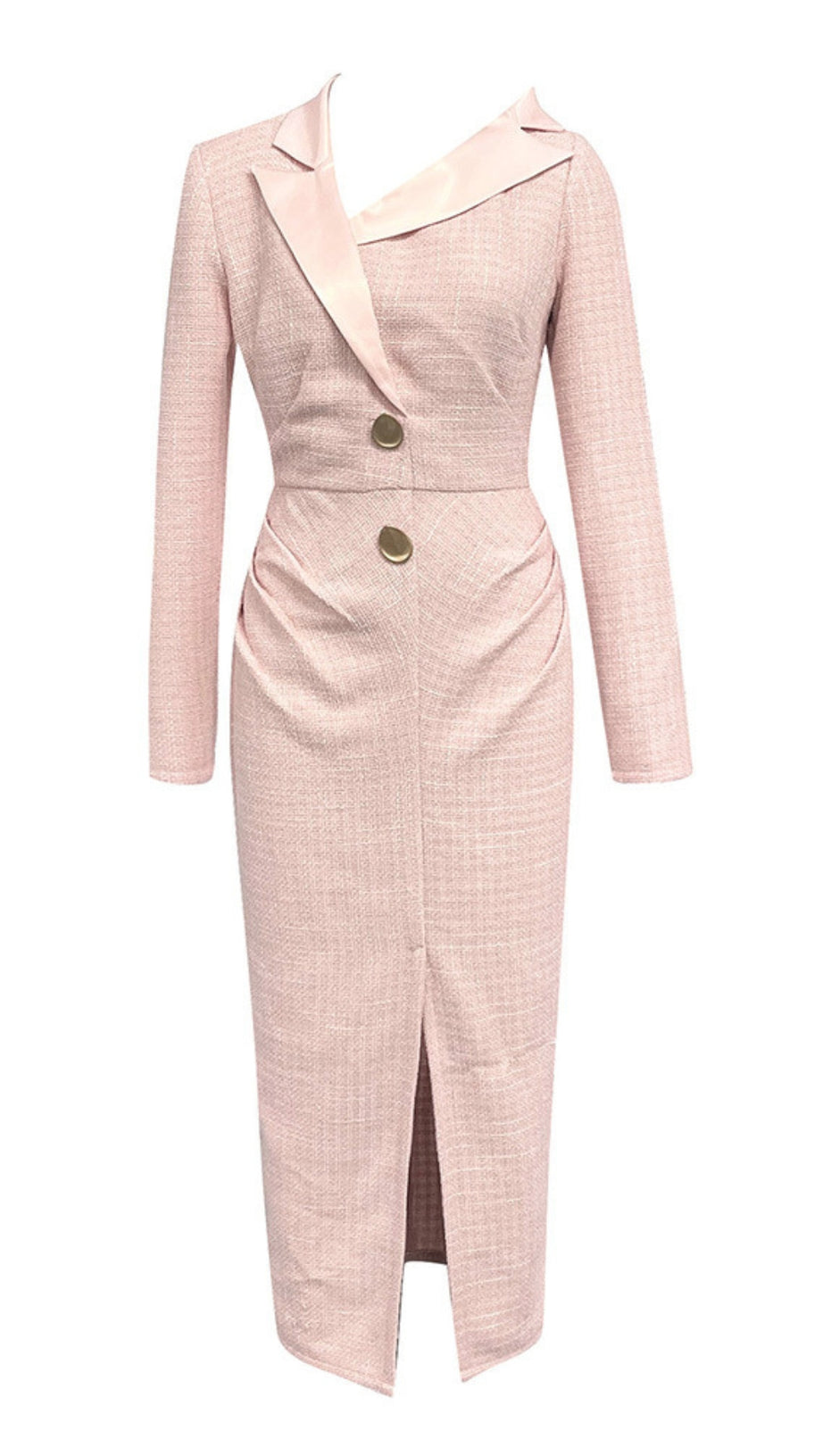 ASYMMETRIC COLLAR BUTTON - FRONT SLIT MIDI DRESS IN PINK