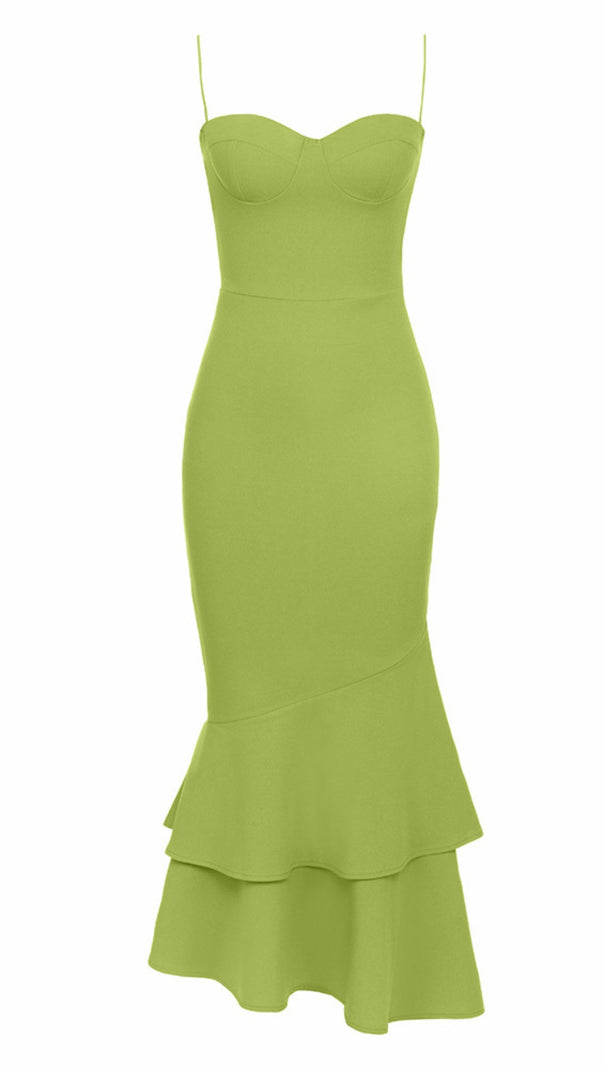 AIIZIE STRAPLESS RUFFLED MERMAID MIDI DRESS IN GREEN - product image