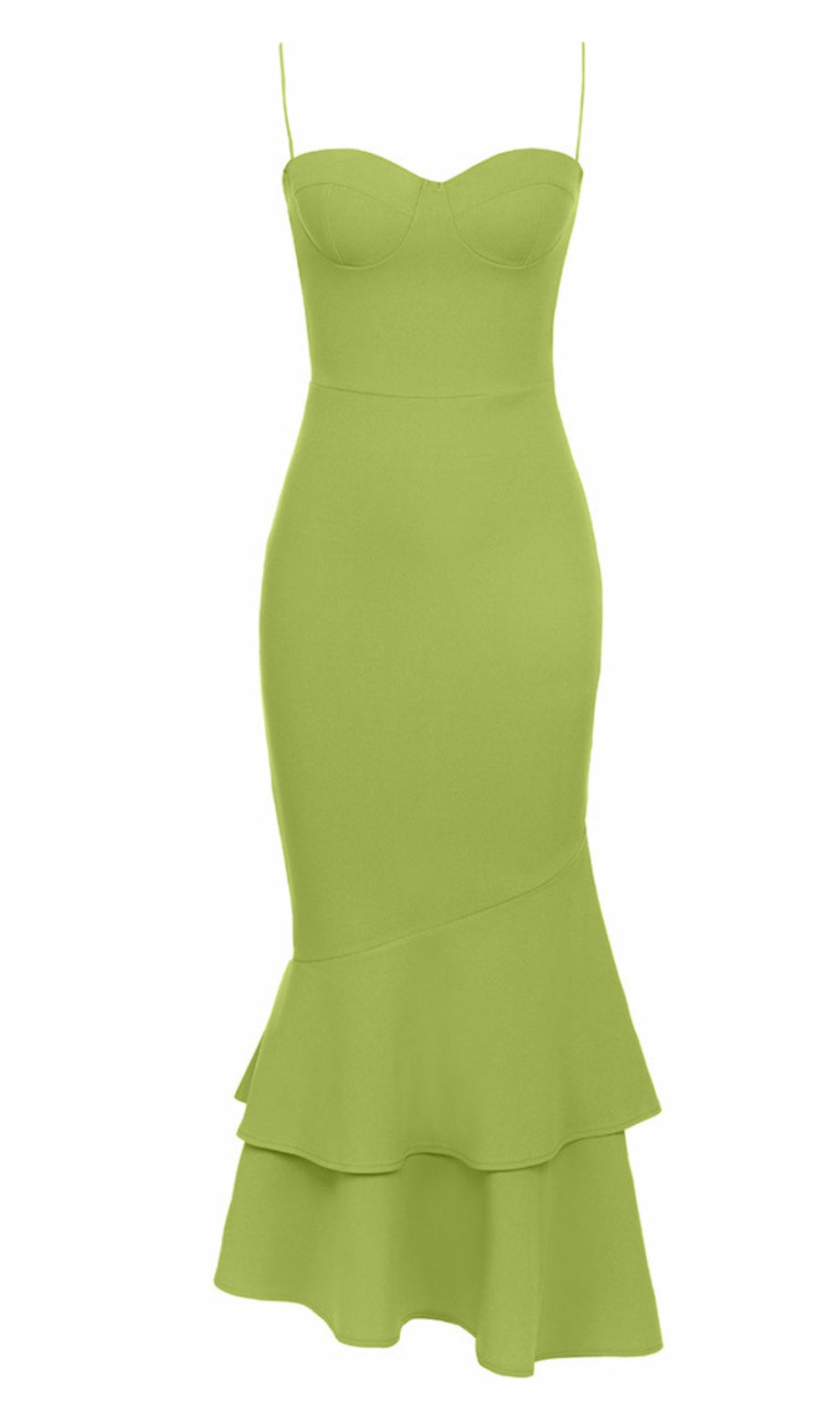 Strapless Ruffled Mermaid Midi Dress in Green