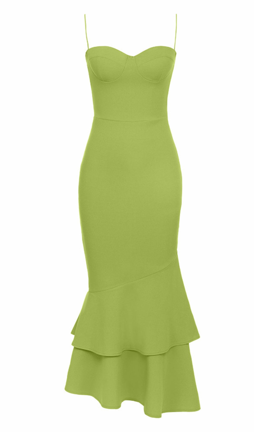 STRAPLESS RUFFLED MERMAID MIDI DRESS IN GREEN