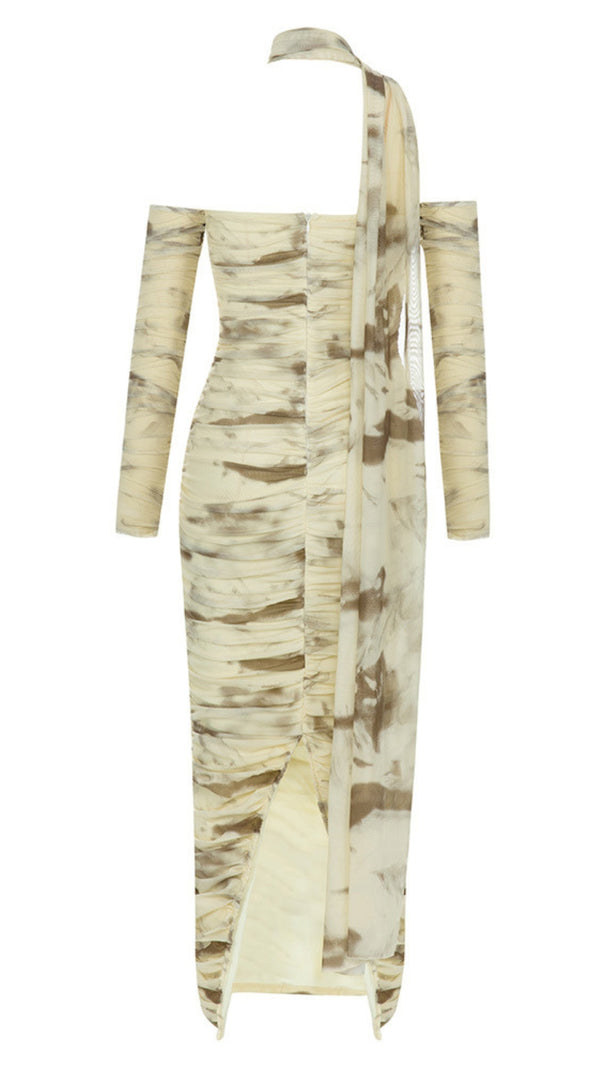AIIZIE TIE - DYE ONE - SHOULDER RUCHED MIDI DRESS IN BEIGE AND BROWN - product image