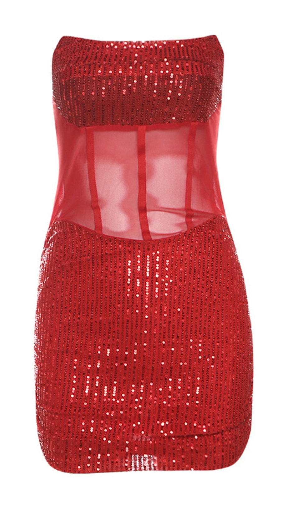 Rotes, trägerloses Mini-Hoco-Kleid aus Netzstoff mit Pailletten
