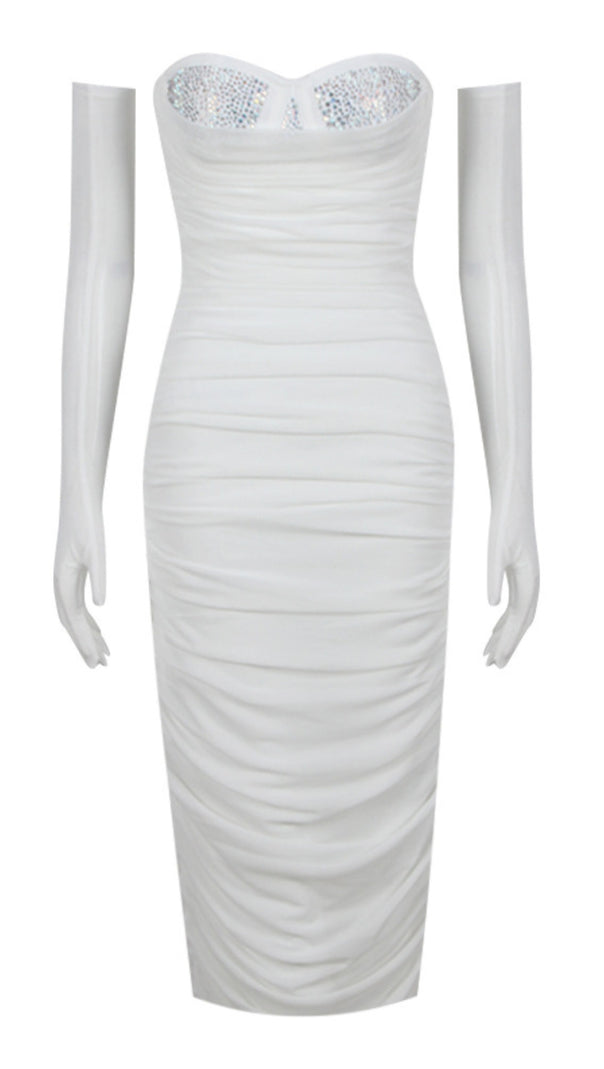 AIIZIE RHINESTONE - ACCENT RUCHED STRAPLESS MIDI DRESS WITH GLOVES IN WHITE - product image