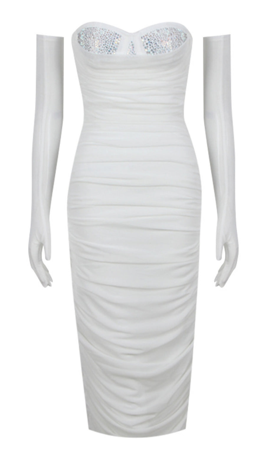 Abito midi senza spalline con arricciature e strass, con guanti, bianco
