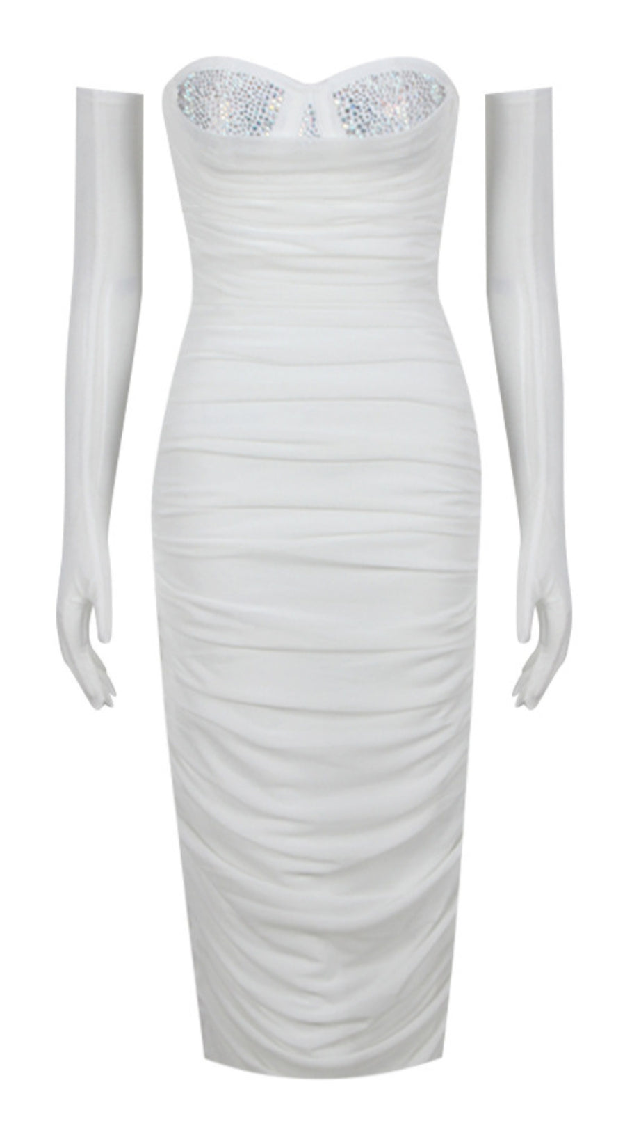 RHINESTONE - ACCENT RUCHED STRAPLESS MIDI DRESS WITH GLOVES IN WHITE