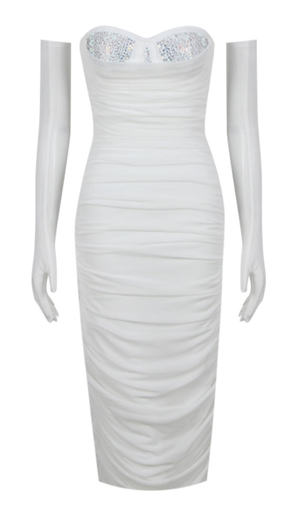 RHINESTONE - ACCENT RUCHED STRAPLESS MIDI DRESS WITH GLOVES IN WHITE