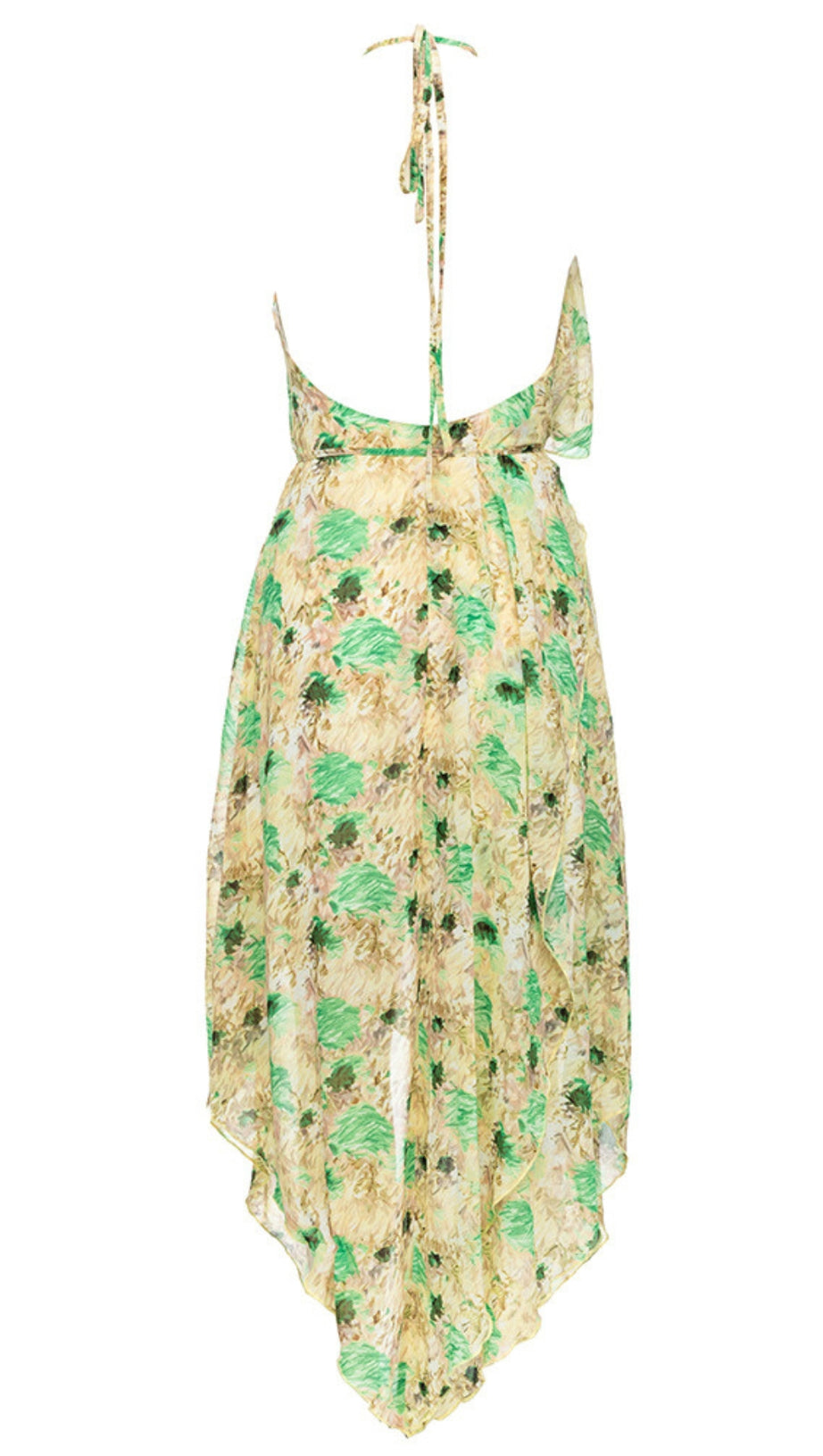 FLORAL CHIFFON HALTER NECK RUFFLED ASYMMETRIC MIDI DRESS