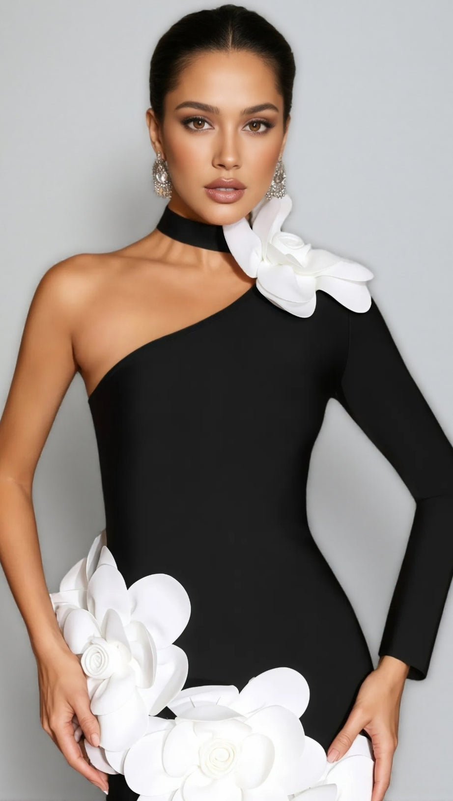 GEMMA ONE SHOULDER 3D FLOWER BANDAGE MAXI DRESS IN BLACK