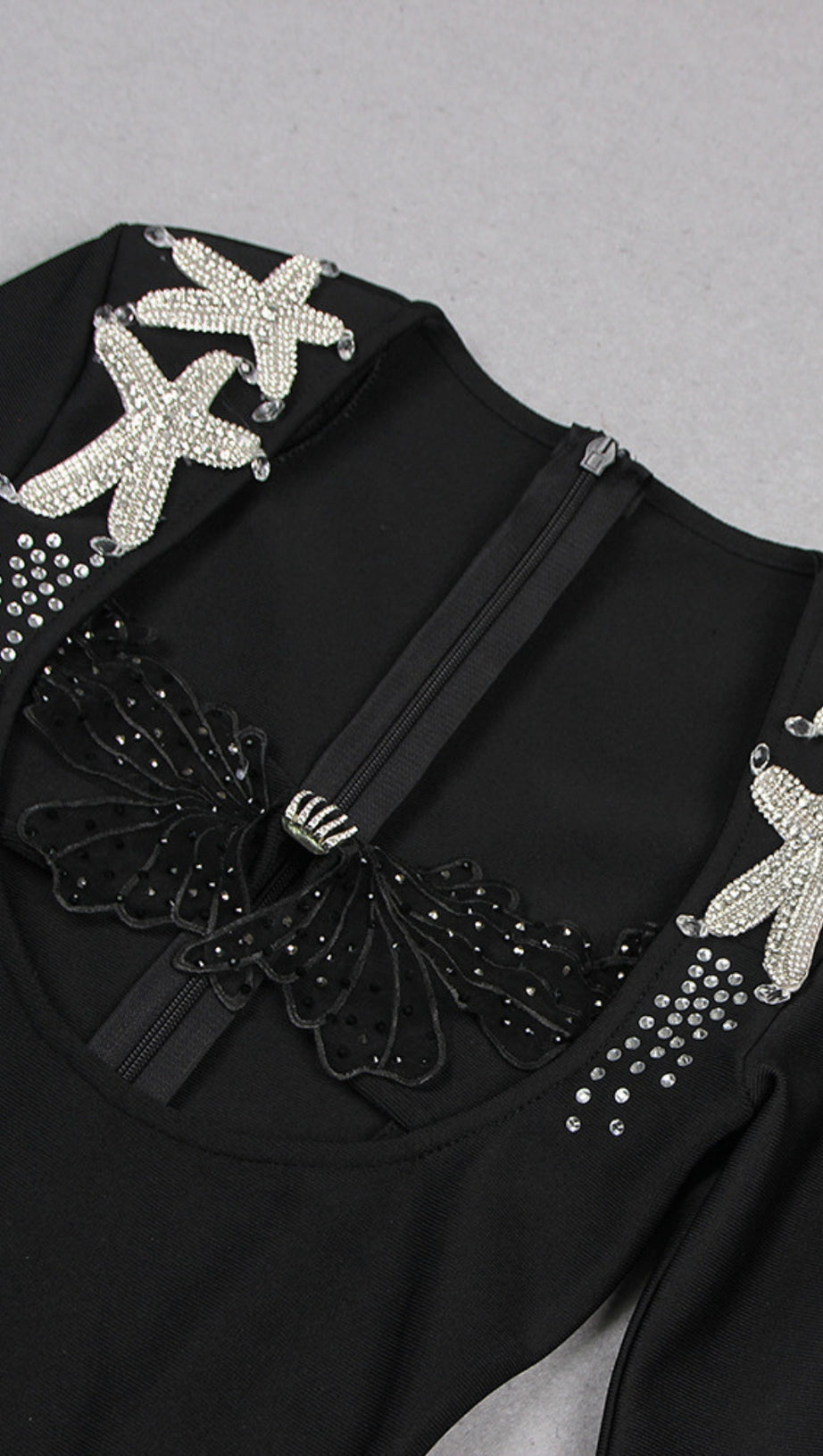 RHINESTONE - STARFISH CUTOUT LONG - SLEEVE MINI DRESS IN  BLACK