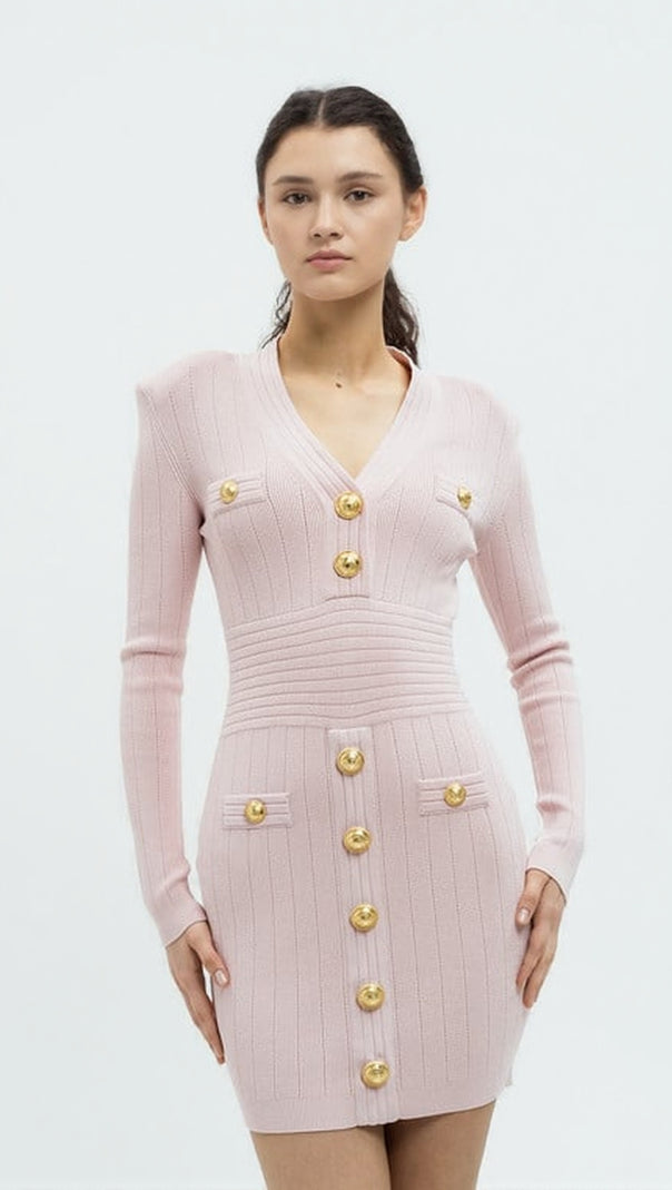 AIIZIE V-NECK METAL BUTTON KNITTED MINI DRESS IN PINK - product image