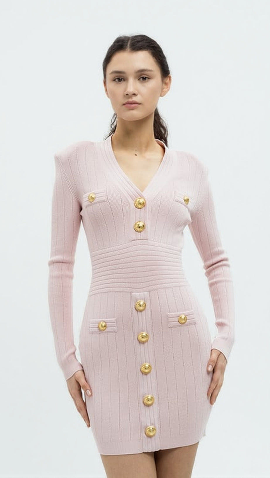 V-NECK METAL BUTTON KNITTED MINI DRESS IN PINK
