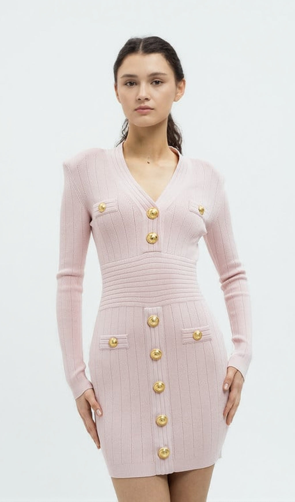 V-NECK METAL BUTTON KNITTED MINI DRESS IN PINK