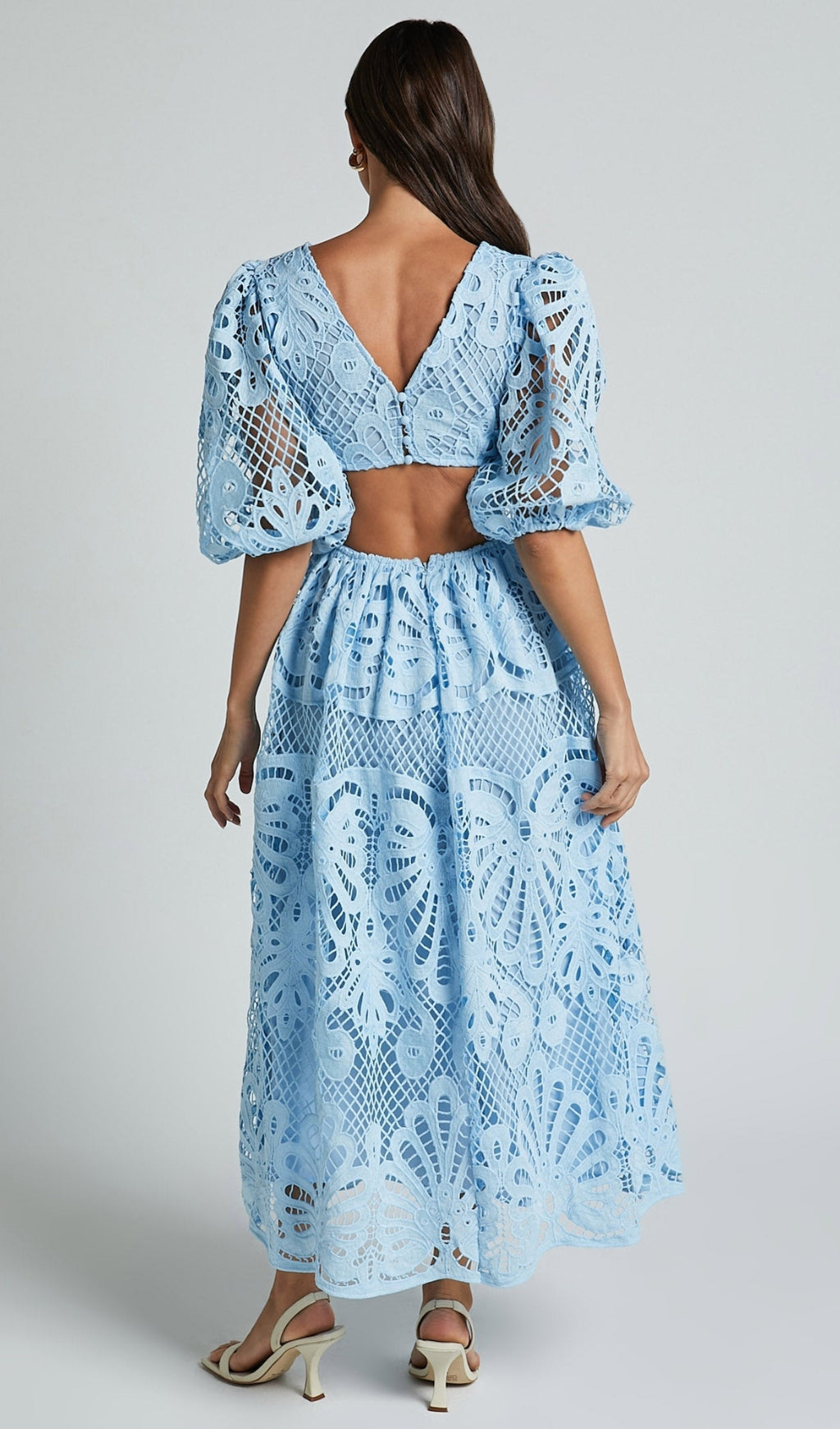 AIIZIE V NECK CUT OUT LACE MIDI DRESS IN BLUE - product image