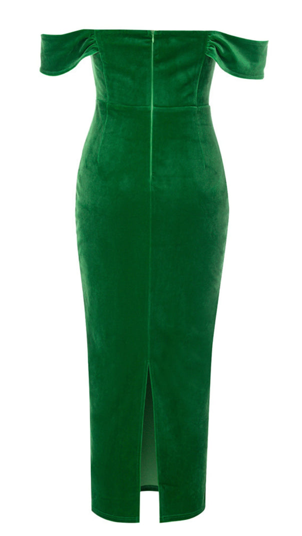 AIIZIE VELVET OFF - SHOULDER CORSET MIDI DRESS IN GREEN - product image