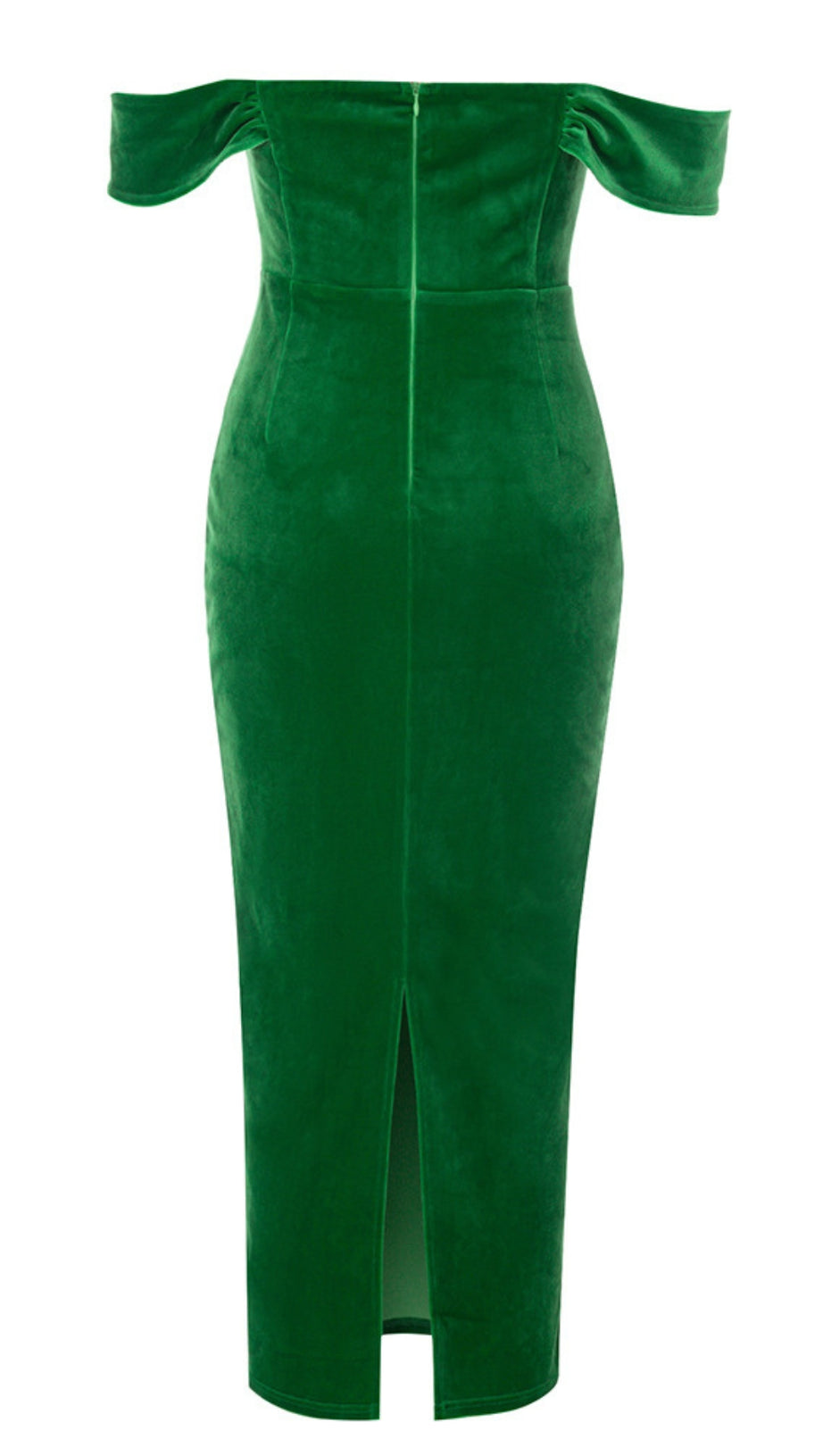 VELVET OFF - SHOULDER CORSET MIDI DRESS IN GREEN
