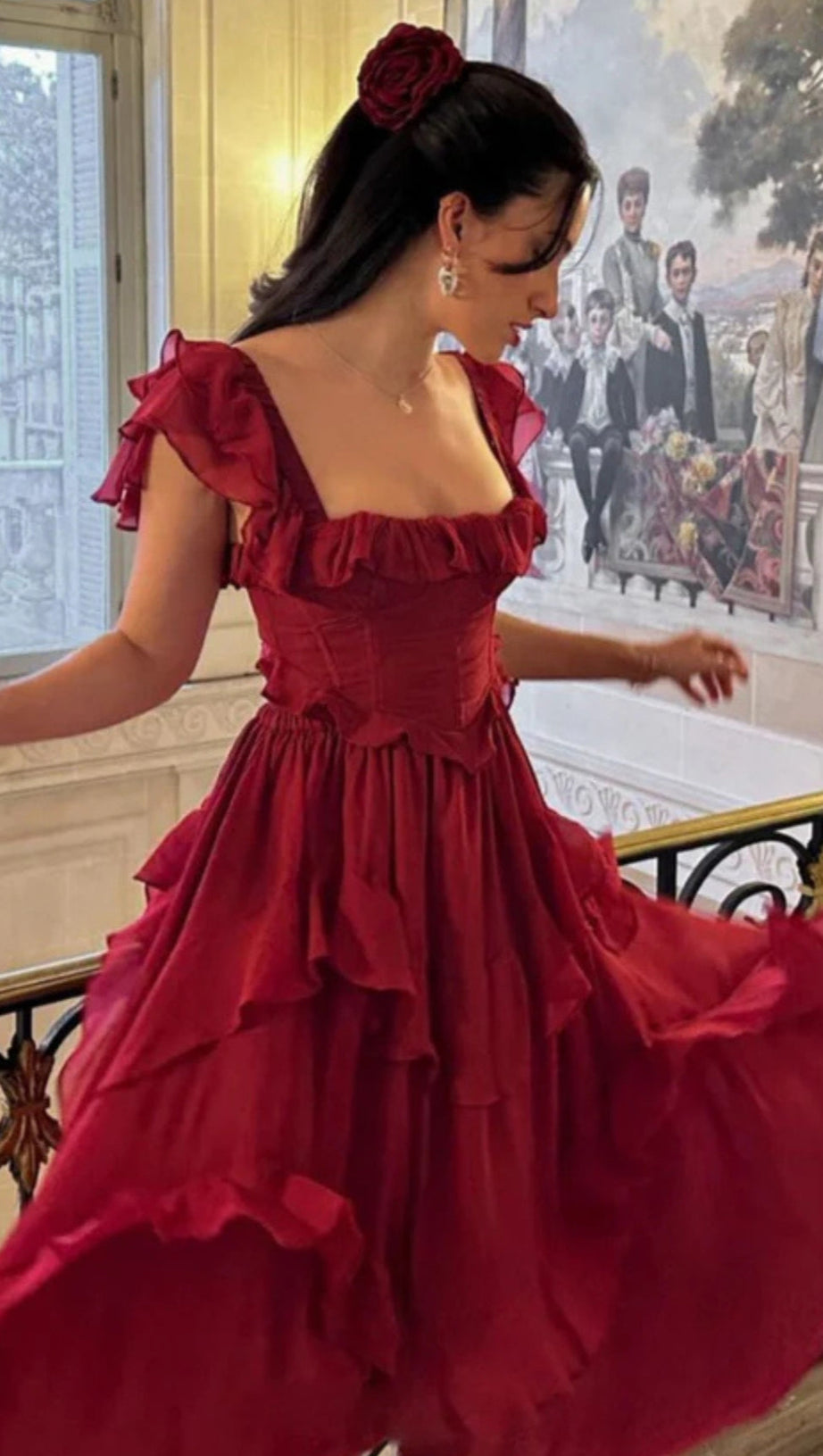 SQUARE NECK RUFFLE SLEEVES BACKLESS DRESS