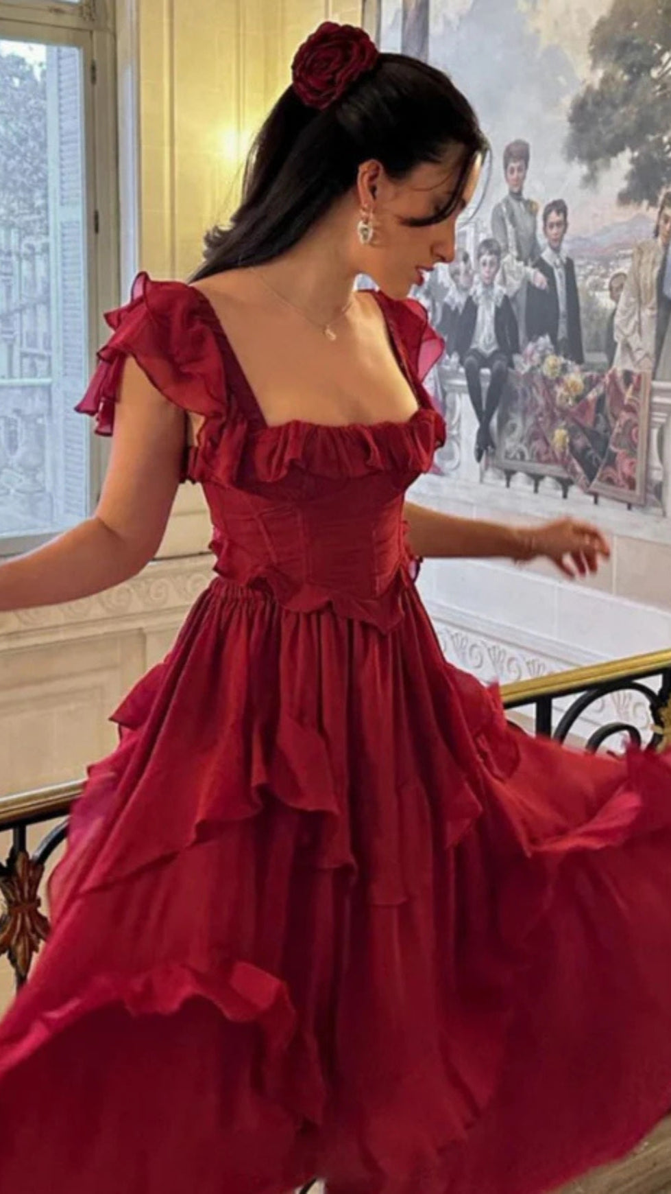 SQUARE NECK RUFFLE SLEEVES BACKLESS DRESS