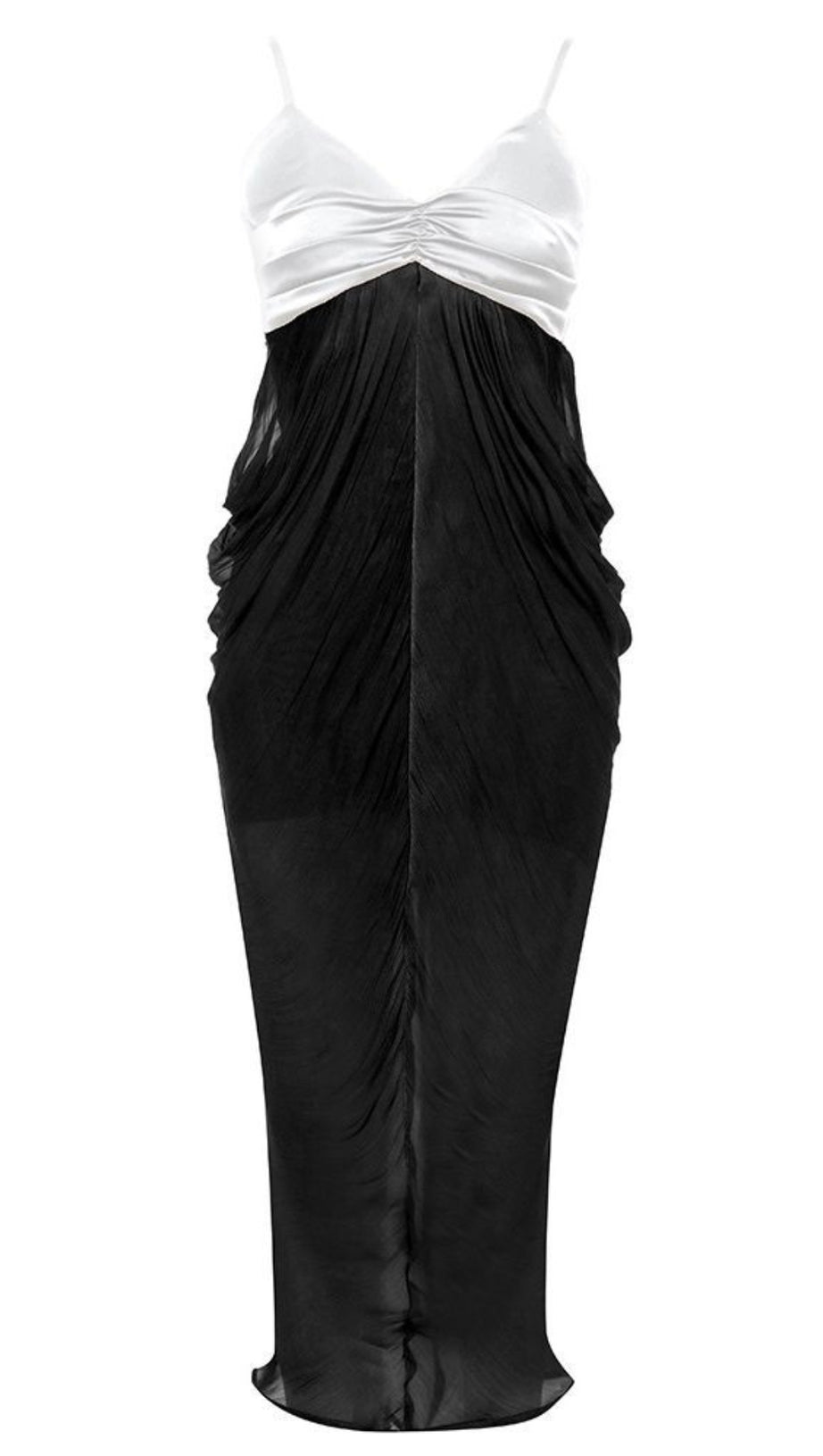 RUCHED CHIFFON MIDI DRESS IN BLACK AND WHITE