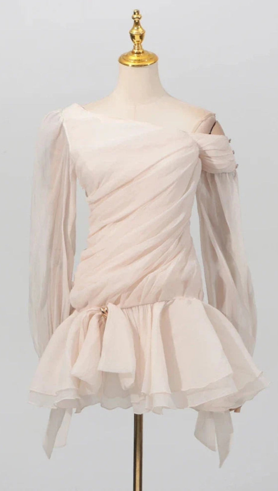 APRICOT RUFFLE DIAGONAL LONG SLEEVE MINI DRESS