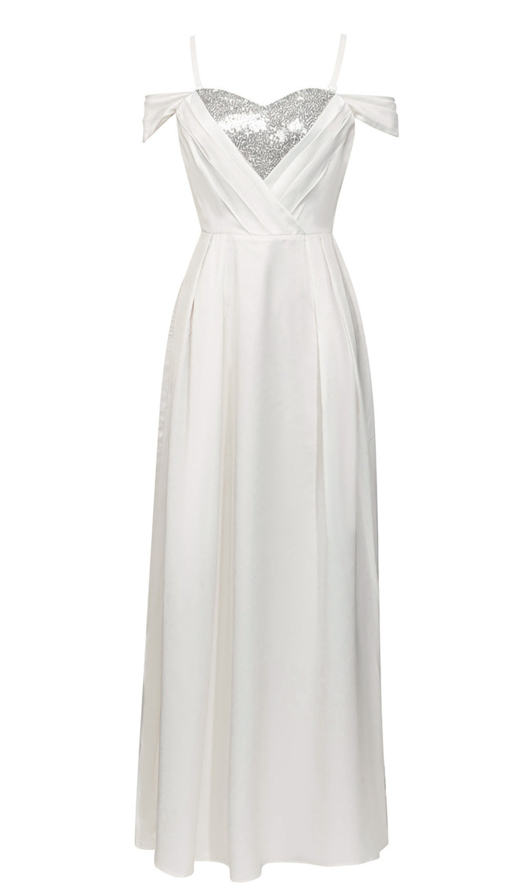 SEQUIN - ACCENT OFF - SHOULDER MAXI DRESS IN WHITE