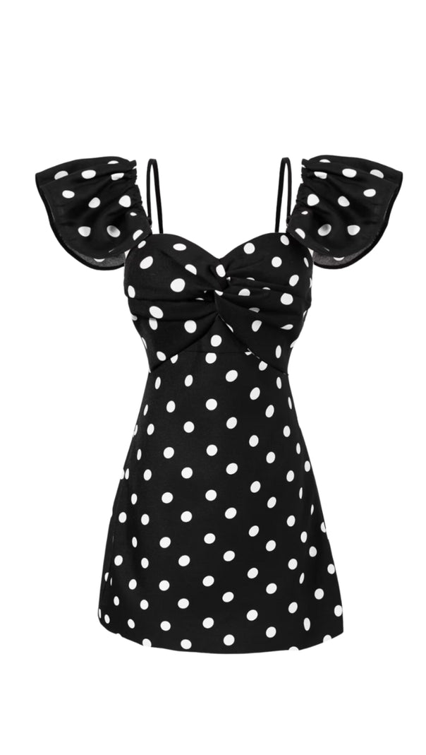AIIZIE HERMOSA DOT OFF SHOULDER MINI DRESS IN BLACK - product image