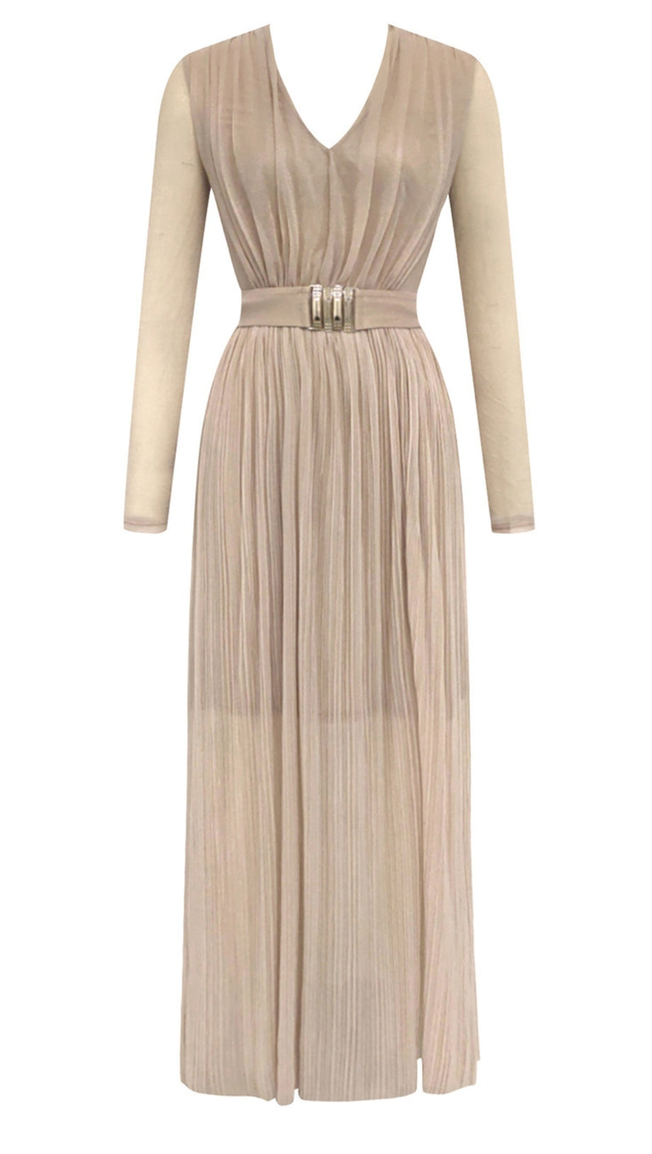 Abito lungo con scollo a V plissettato, maniche in rete e cintura, beige