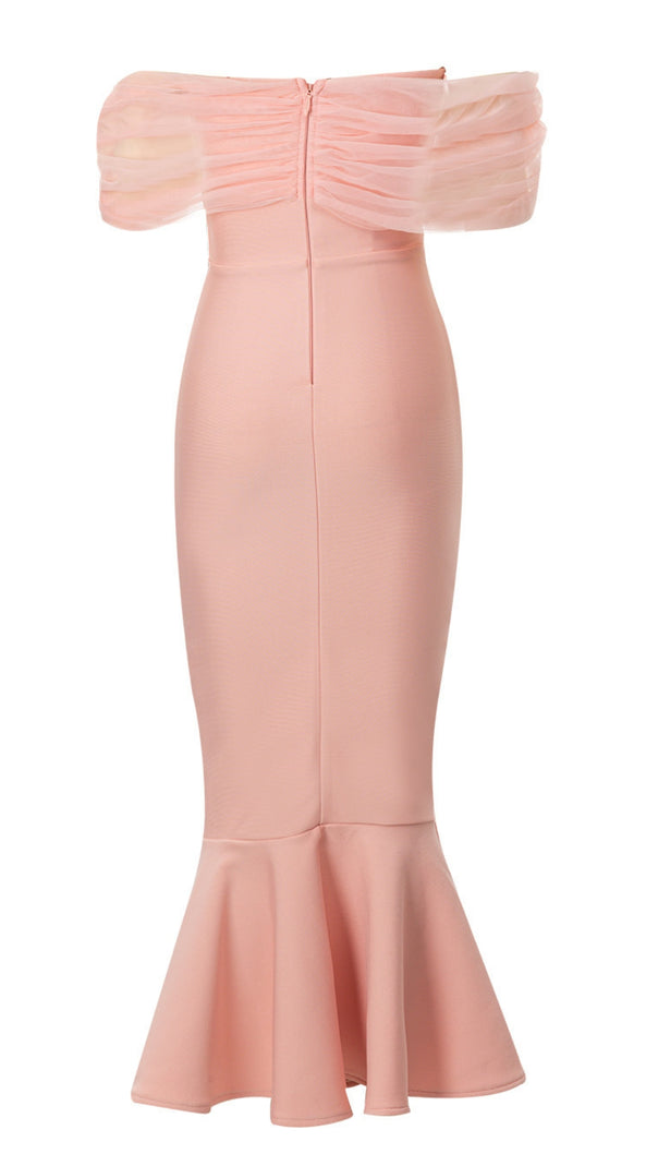 AIIZIE OFF - SHOULDER ORGANZA - SLEEVE MERMAID MIDI DRESS IN PINK - product image