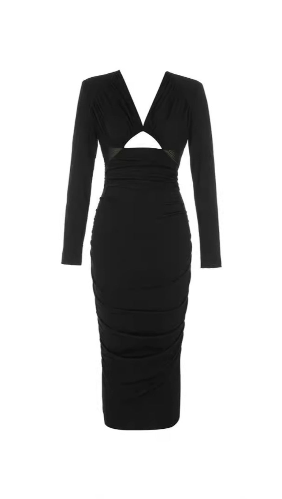 CUT - OUT V - NECK RUCHED MIDI DRESS IN BLACK