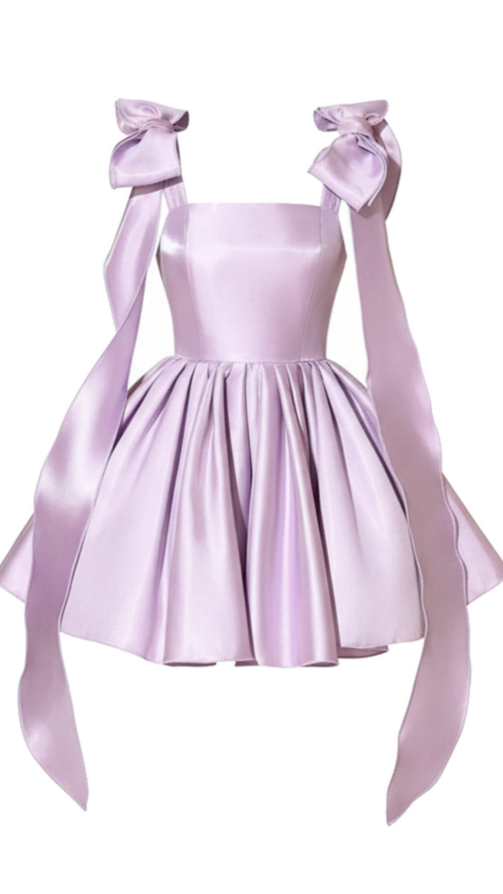 LAVENDER SATIN MINI DRESS WITH BOW SHOULDER STRAPS