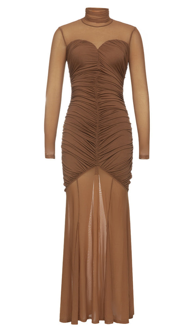AIIZIE MESH - SLEEVE RUCHED HIGH - NECK MAXI DRESS IN BROWN - product image