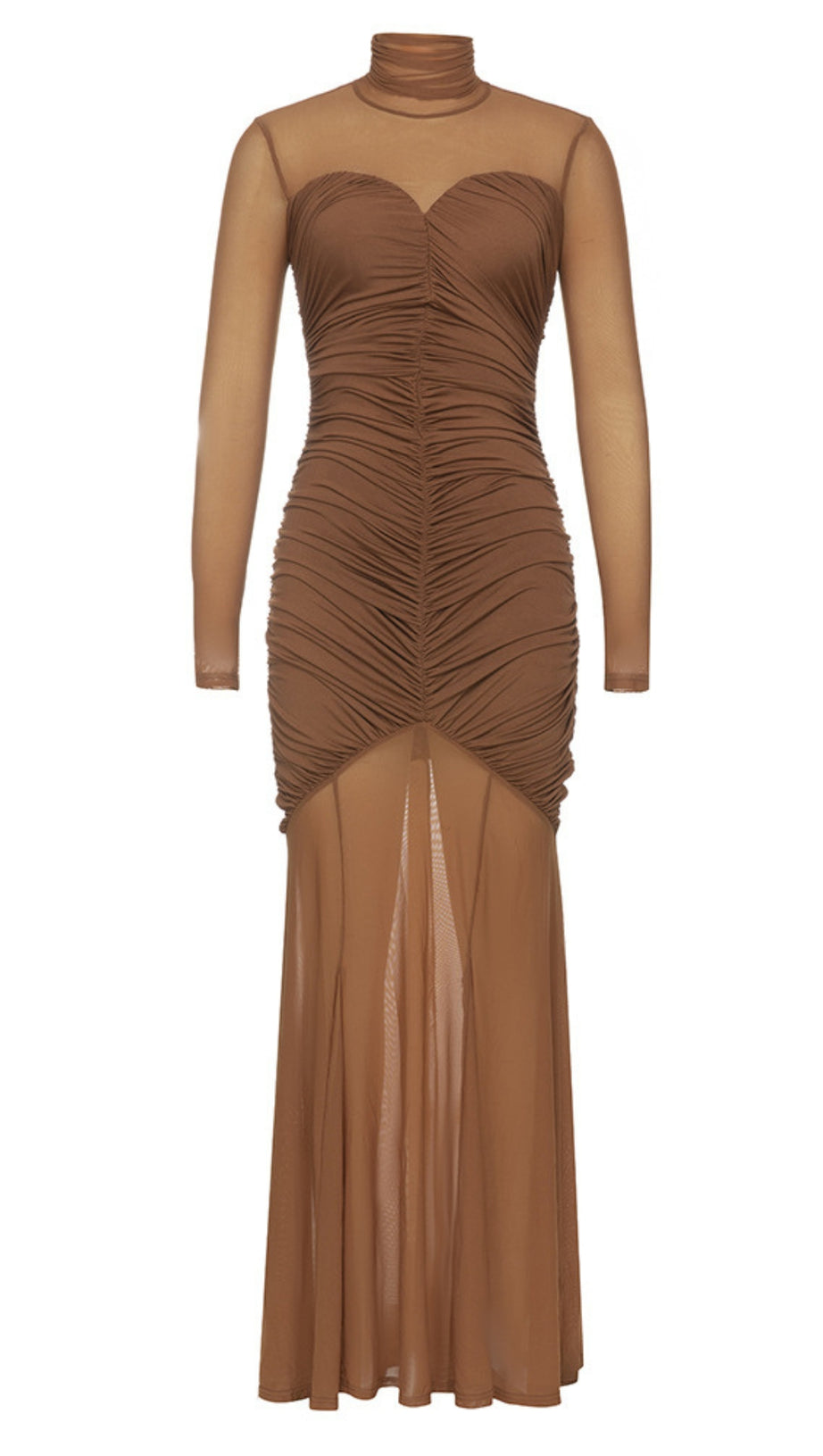 MESH - SLEEVE RUCHED HIGH - NECK MAXI DRESS IN BROWN